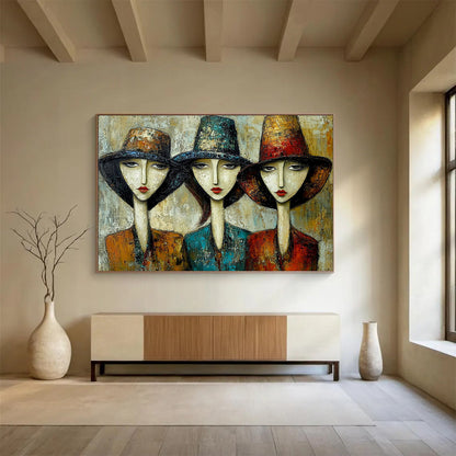 “Women in Hats” - Earthy Tones, Reds, Blues, Stylized Portraits of Women in Hats - Textured Oil Painting HB1760