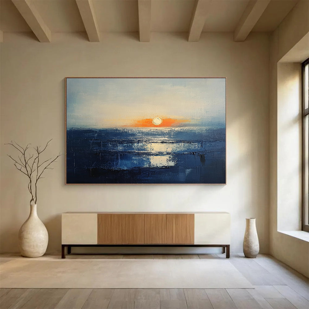 “Sunset Over the Sea” - Blue, Orange, White, Abstract Seascape Painting On Canvas HB1010