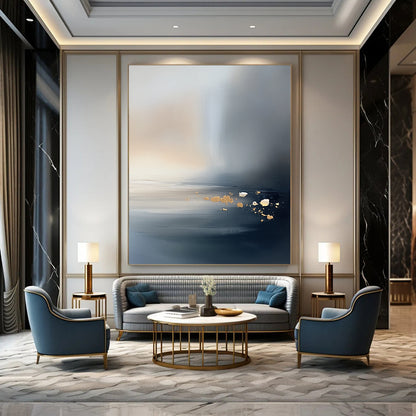 Large contemporary hand-painted abstract artwork featuring a serene misty ocean and sky with neutral tones and subtle gold and silver accents. DLZ0473