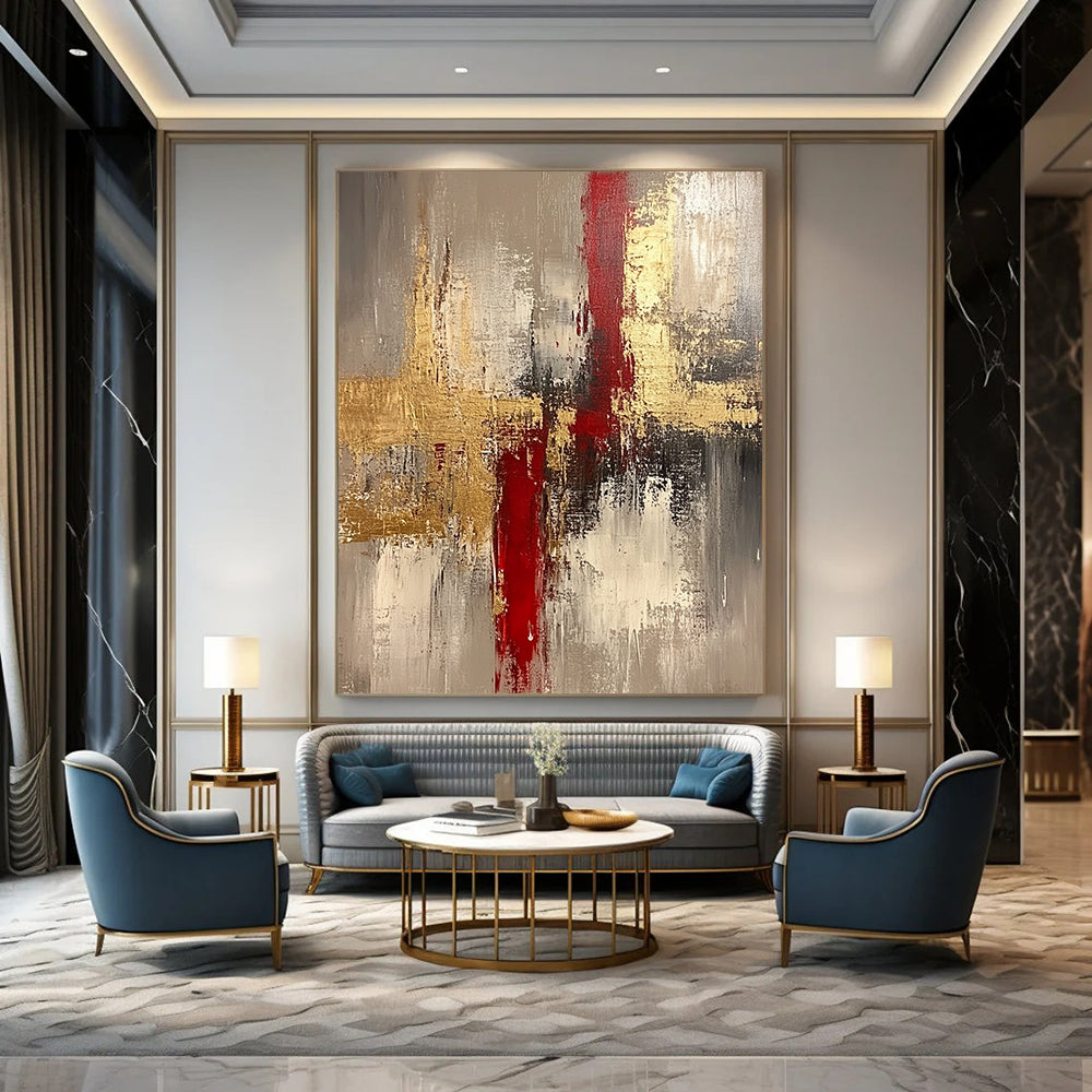 Contemporary hand-painted abstract artwork featuring rich beige tones enhanced with gold and red accents creating a striking visual experience. DLZ0438