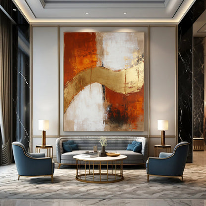 Large contemporary hand-painted abstract artwork featuring beige and rust hues, elegantly accented with gold details. DLZ0726