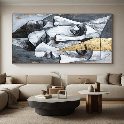 Gray, Black, White and Gold Cubist Portrait "Mystic Visage" Painting On Canvas HB374