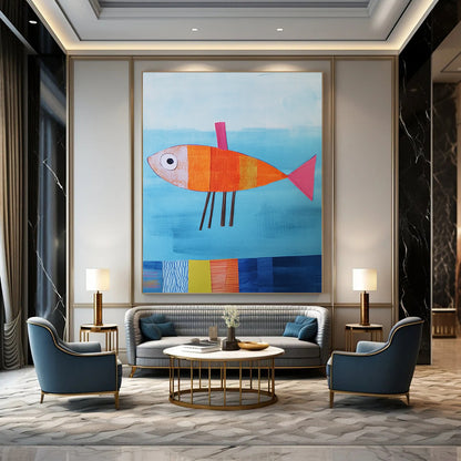 Contemporary abstract artwork features a paper fish in blue water with colorful details and textured fins against a playful backdrop. DLZ1260