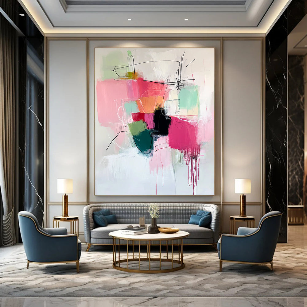 Large contemporary hand-painted abstract artwork featuring vibrant pinks and greens with expressive brush strokes and thick black line work adding depth. DLZ0907