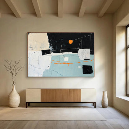 “Abstract Night Sky with Orange Sun” - Black, Orange, White, Blue, Abstract Forms - Painting On Canvas HB1417