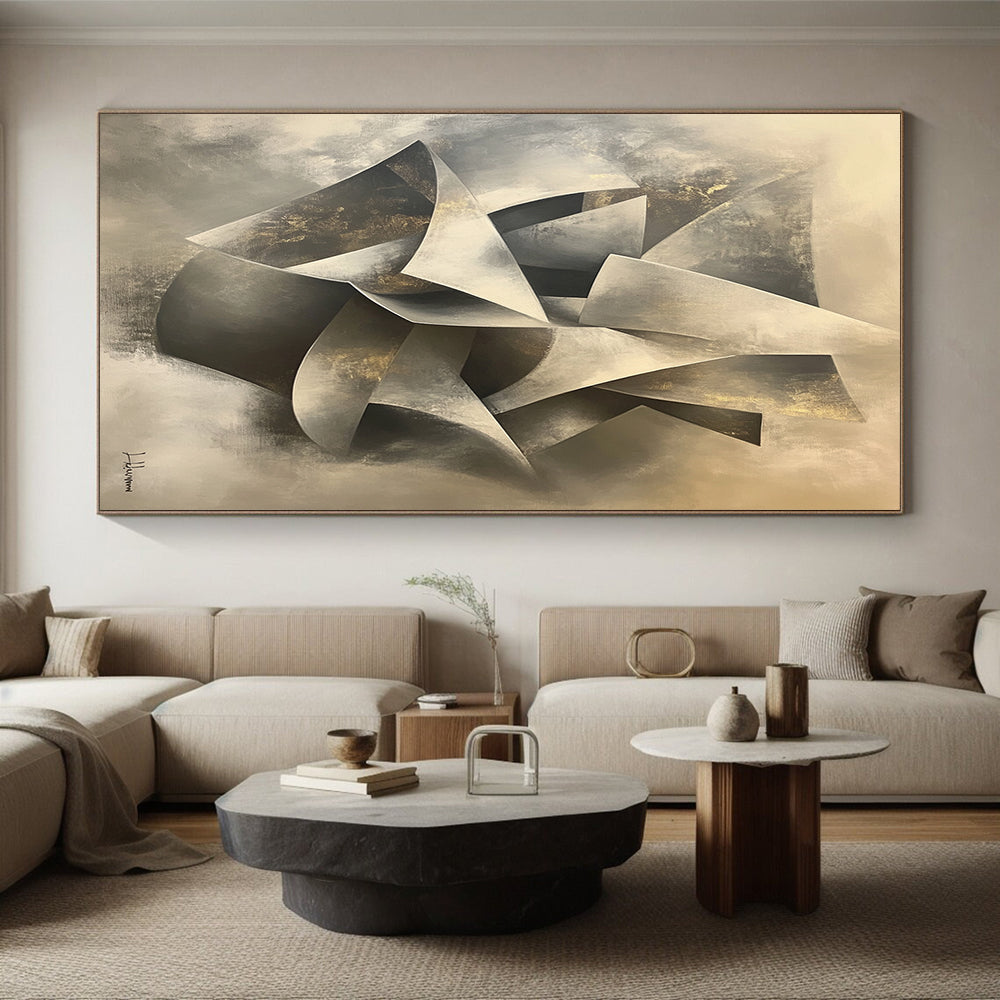 Gray, Silver, Gold and White Geometric Abstraction "Elegant Folds" Painting On Canvas HB394