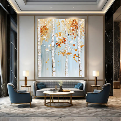 Contemporary abstract painting features birch trees with gold and white leaves on a light blue background with white trunks and orange flowers. DLZ0612