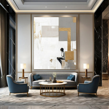 Contemporary abstract artwork features large neutral squares with gold accents on a white backdrop complemented by pale gray and beige elements. DLZ0626