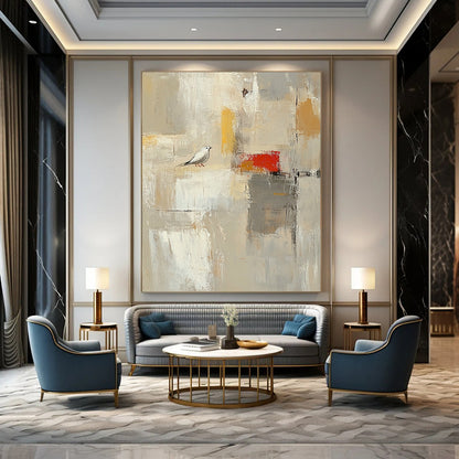 Contemporary hand-painted abstract artwork featuring large white spaces, textured brush strokes, and neutral colors highlighted with red and yellow accents. DLZ0920