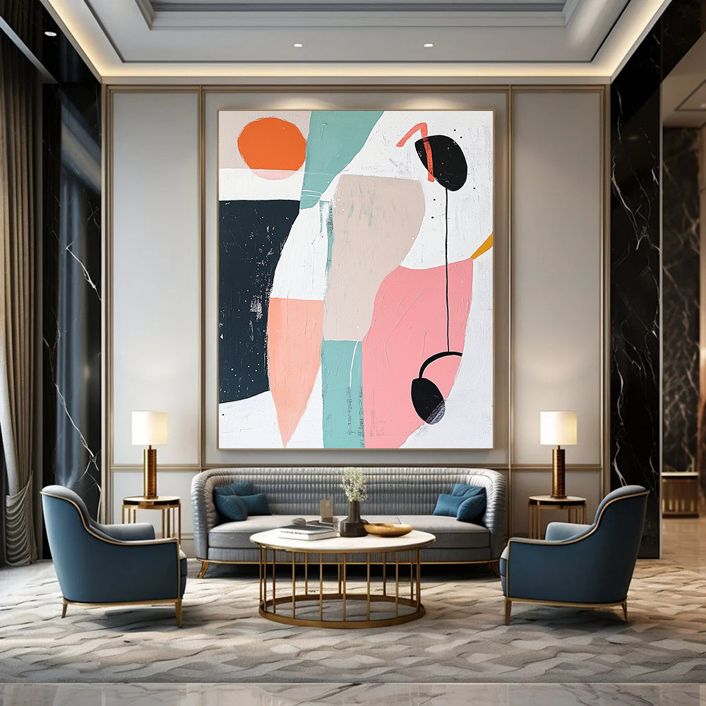 Large contemporary hand-painted abstract artwork featuring geometric shapes in soft pastels creating a calm and soothing atmosphere with negative space and a small black headphone detail. DLZ1374