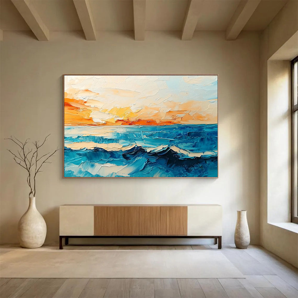“Sunset Ocean Waves” - Orange, Yellow, Blue, Impasto Seaside Sunset Painting On Canvas HB1029