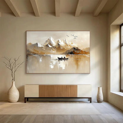 “Mountain Serenity” - Warm beiges, whites, browns; Snow - capped peaks, lake, rowboat, birds; Minimalist Landscape Painting On Canvas HB1147