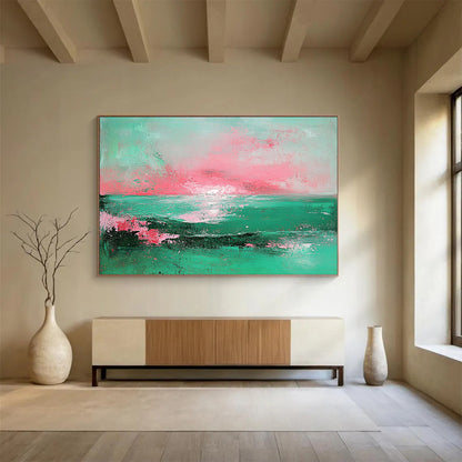 “Pastel Sea Sunset” - Mint, pink, sea scene, Abstract Landscape Painting On Canvas HB0560
