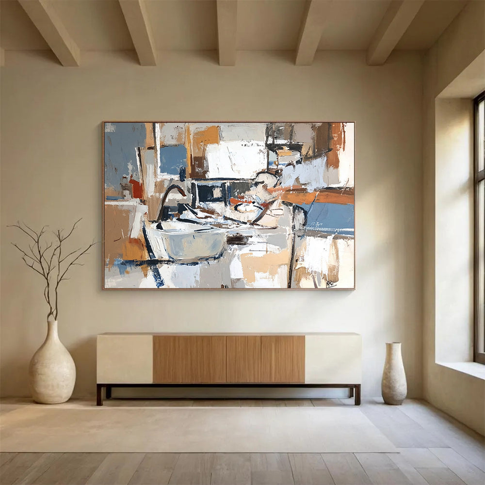 Neutral - Toned Kitchen Chaos – Abstract Acrylic Kitchen Scene Painting HB1466