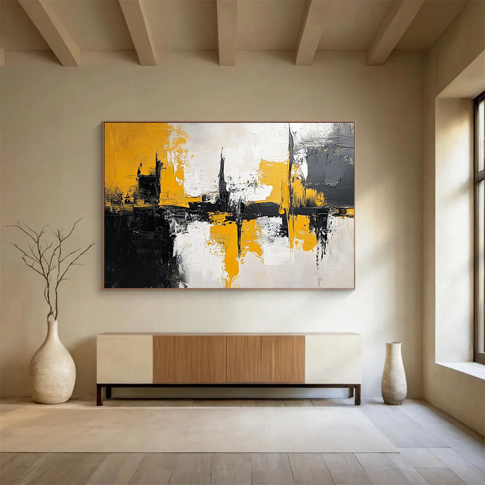 “Yellow - Black Urban Abstract Reflection” - Yellow, Black, Gray, White, Reflective Cityscape Painting On Canvas HB0813