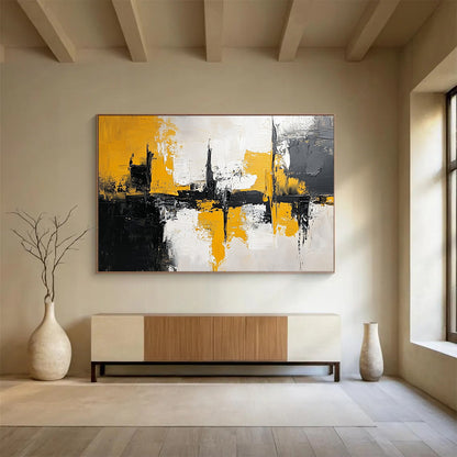 “Yellow - Black Urban Abstract Reflection” - Yellow, Black, Gray, White, Reflective Cityscape Painting On Canvas HB0813