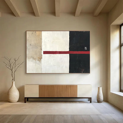 “Minimalist Color Divide” - Beige, White, Black, Red, Horizontal Stripe - Painting On Canvas HB1441