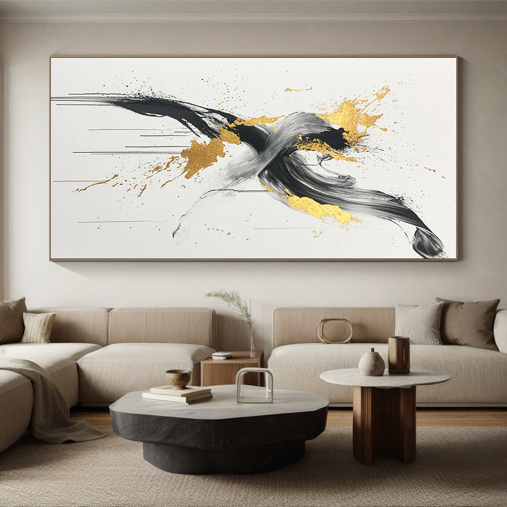 Black, White, Gold, Gray, Swirling Splashes "Gilded Chaos" Abstract Expressionist Painting On Canvas HB098