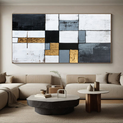 Gray, White, Gold, Black, Patchwork Squares "Gilded Harmony" Abstract Neo - Platicist Painting On Canvas HB150