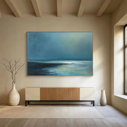 “Deep Blue Sea” - Dark Blue, Light Blue, Hints of Green, Calm Ocean and Sky Painting On Canvas HB0922