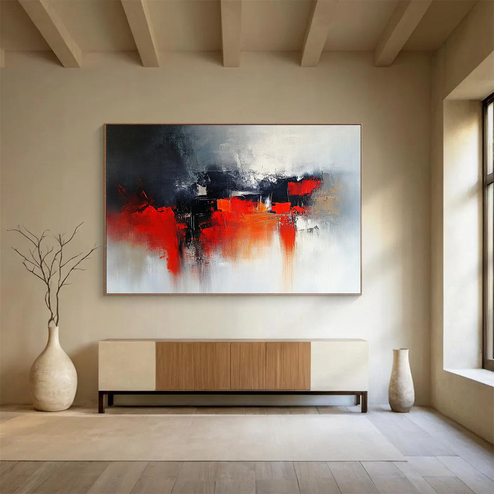 “Dark Urban Abstract” - Gray, black, red, orange; Moody abstract cityscape; Oil Painting On Canvas HB1208