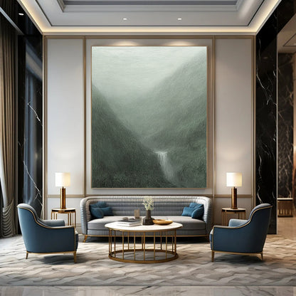 Contemporary abstract painting featuring misty mountains in gray-green hues with soft brushstrokes and a mystical waterfall flowing into a serene pool. DLZ1366