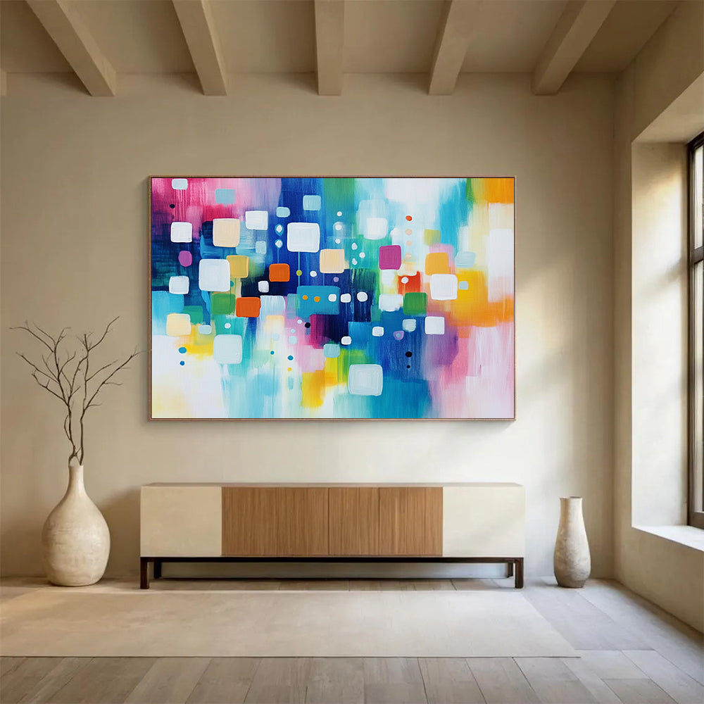 “Cheerful Colorful Geometric Squares and Circles” - Pink, blue, green, yellow, white; Abstract geometric squares and circles; Acrylic Painting On Canvas HB1235