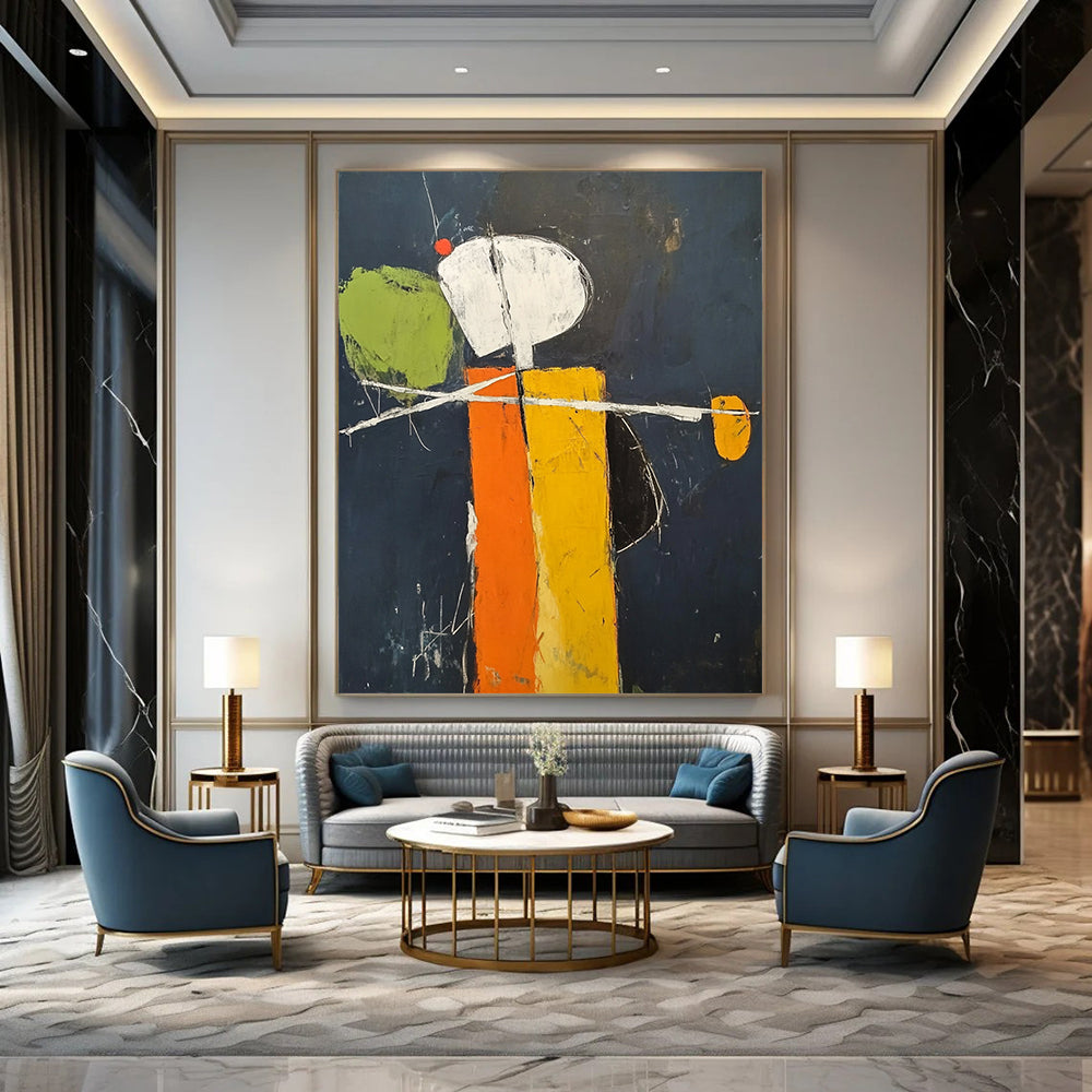 Contemporary hand-painted abstract art featuring a minimalistic orange and yellow figure on a dark blue background with green accents and visible brush strokes DLZ1581