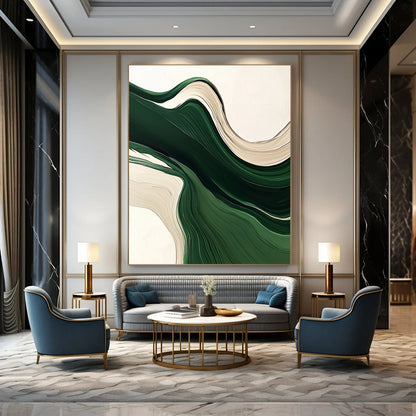 Contemporary hand-painted abstract artwork featuring fluid green and white lines, organic shapes, and layered textures on a neutral background. DLZ0622