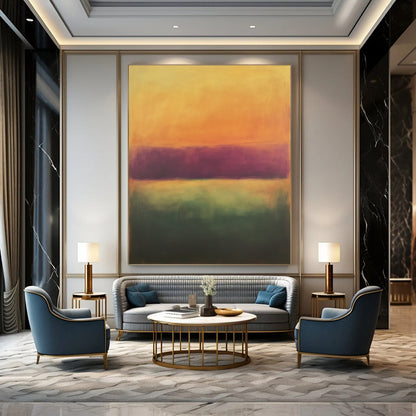 Vibrant contemporary hand-painted abstract artwork featuring soft orange and purple tones with a blurred gradient, ideal for enhancing modern spaces. DLZ0938