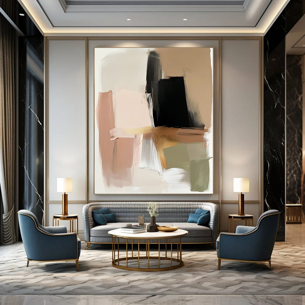 Contemporary hand-painted abstract art in beige and black with gold accents featuring expressive brush strokes and a neutral palette of serene colors. DLZ0880
