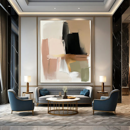 Contemporary hand-painted abstract art in beige and black with gold accents featuring expressive brush strokes and a neutral palette of serene colors. DLZ0880