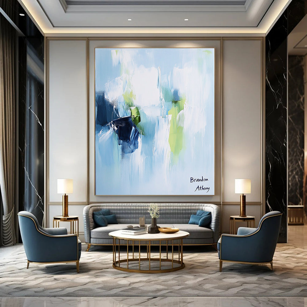 Contemporary hand-painted abstract artwork in light blue, white, and green tones creates a serene and peaceful atmosphere with elegant brush strokes. DLZ1045
