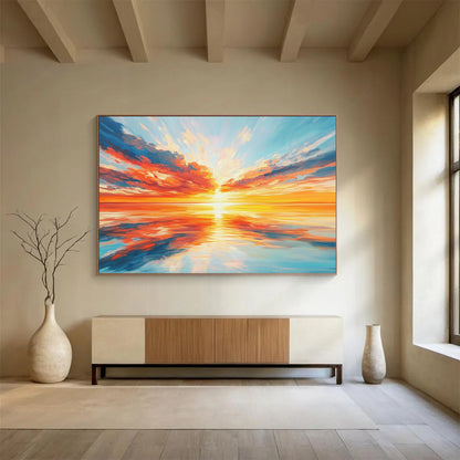 “Vibrant Sunset Over Sea” - Oranges, Reds, Yellows, Blues, Ocean Sunset - Expressionist Oil Painting HB1577