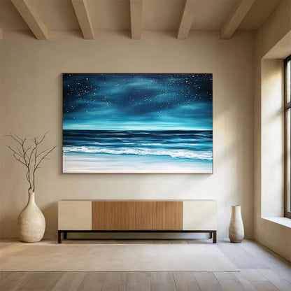 “Midnight Ocean Beach” - Deep Blues, Blacks, Whites, Beach Under a Star - Filled Sky - Impasto Oil Painting HB1743