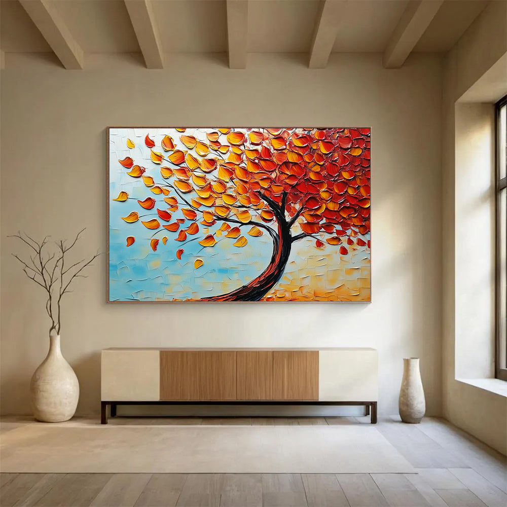 “Textured Autumn Tree” - Orange, Yellow, Red Leaves, Blue Sky, Palette Knife Landscape Painting On Canvas HB1100