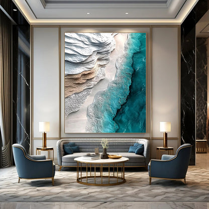 Contemporary hand-painted abstract art capturing serene white sand and turquoise water in a hyper-realistic aerial view. Ideal for modern decor. DLZ0280