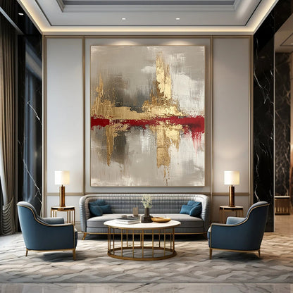 Contemporary hand-painted abstract art featuring gold, white, blue, black, and gray tones on a soft white background, perfect for modern decor. DLZ0437
