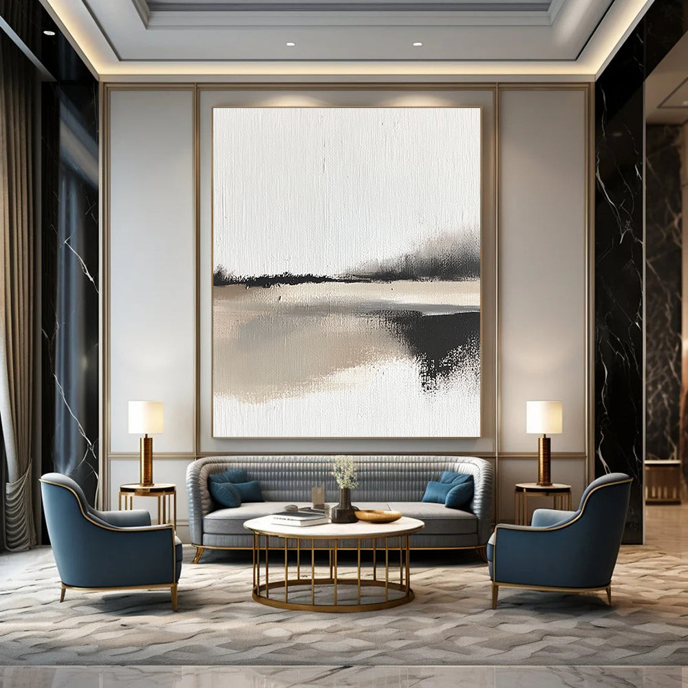Contemporary abstract painting showcases impasto technique with bold brush strokes depicting a serene landscape and body of water in neutral tones. DLZ1349