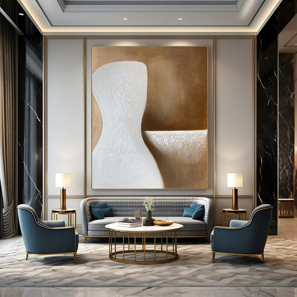 Contemporary abstract art featuring soft beige tones with elegant curves and gentle shadows, creating a serene minimalist composition on a textured canvas surface. DLZ0998