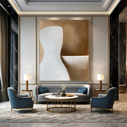 Contemporary abstract art featuring soft beige tones with elegant curves and gentle shadows, creating a serene minimalist composition on a textured canvas surface. DLZ0998