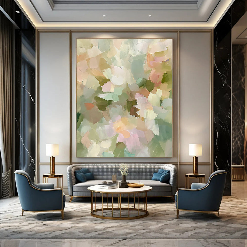 Contemporary hand-painted abstract artwork featuring soft pastel tones and impressionist style evokes spring flowers with muted green and beige hues. DLZ0870
