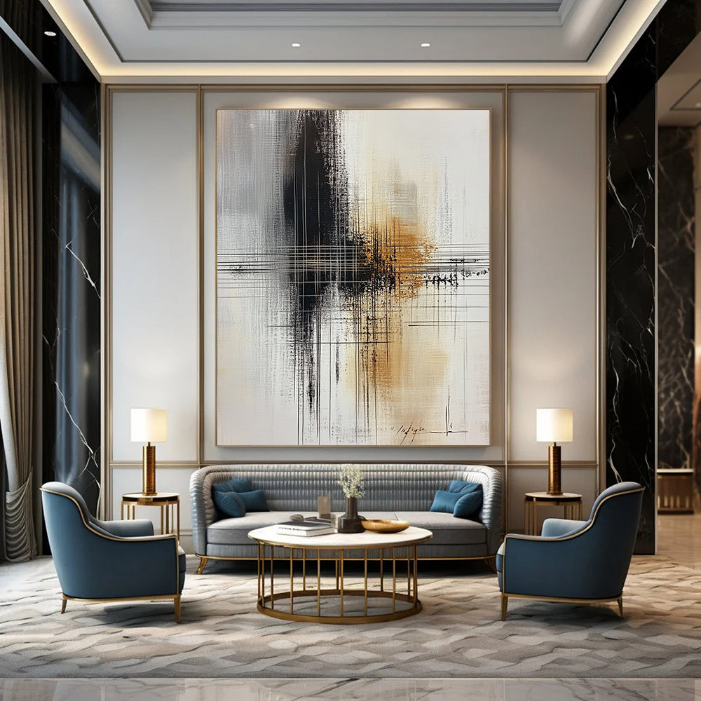 Large contemporary abstract painting featuring bold brushstrokes in black, white, and hints of gold with a central cross line drawing. DLZ0567