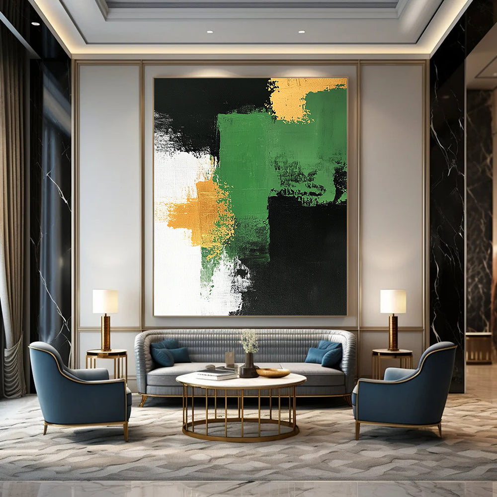 Contemporary hand-painted abstract artwork features a green and white palette with gold accents bold brush strokes on a black background framed by white. DLZ0878