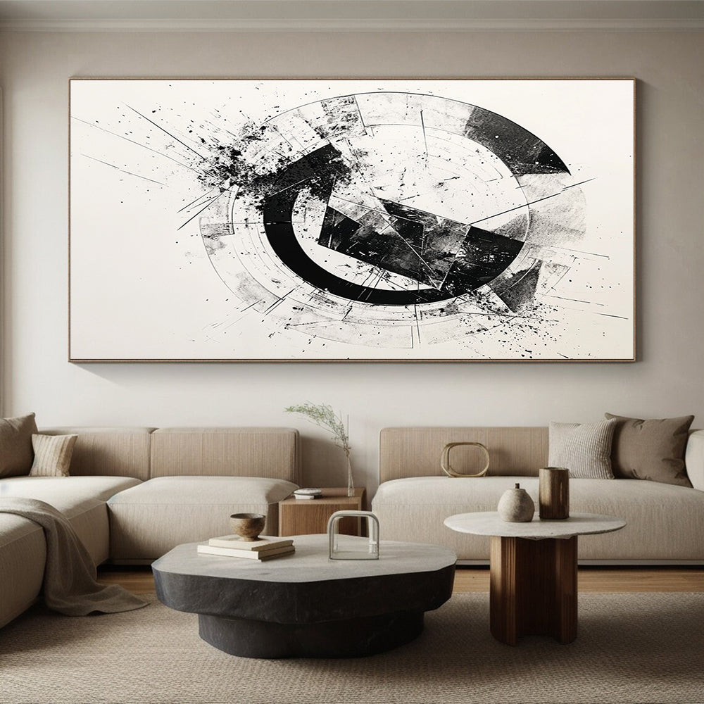 Black & Gray Geometric Circular Ink - “Structured Enso Fusion” Painting On Canvas HB243