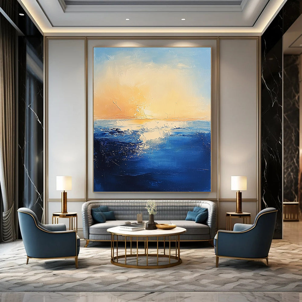 Contemporary abstract painting features textured navy ocean waves against a serene pastel sky and warm sun creating a mysterious atmosphere. DLZ0366