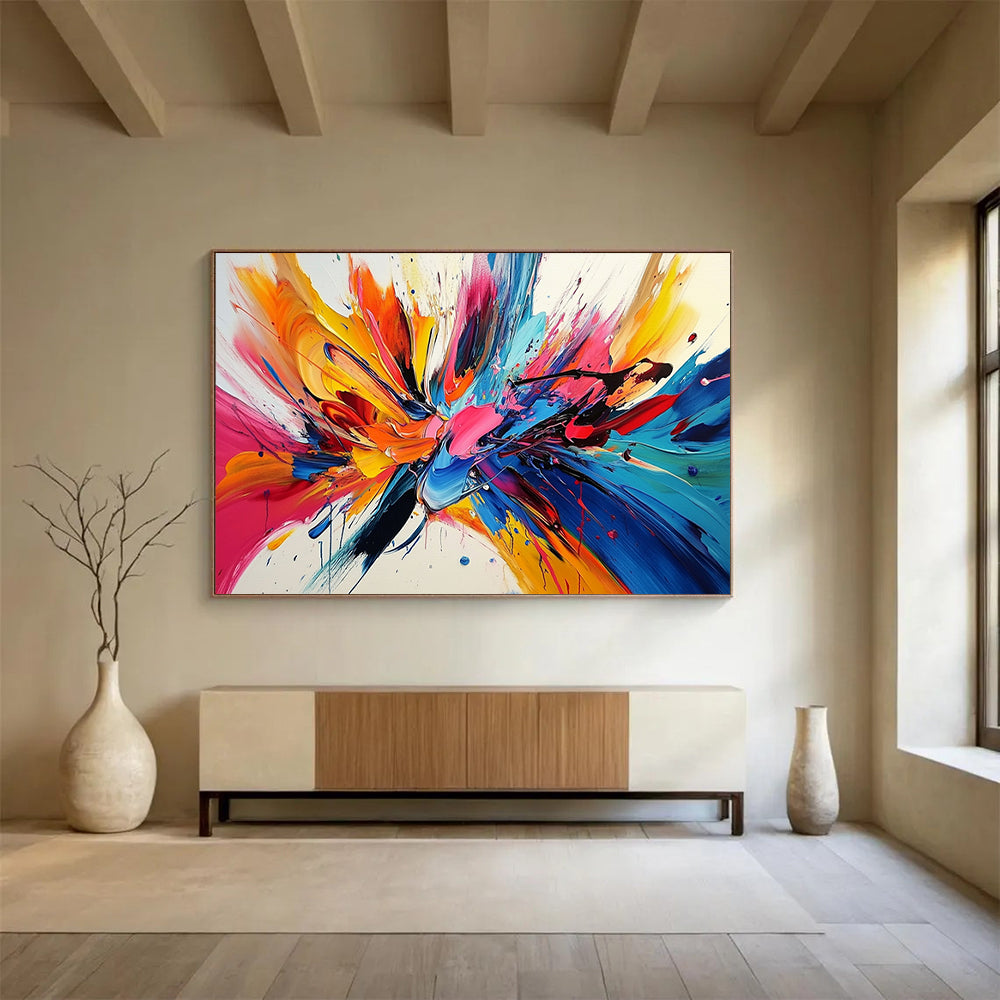 “Explosive Colorful Splashes” - Colorful Palette, Explosive Paint Splashes Painting On Canvas HB0860