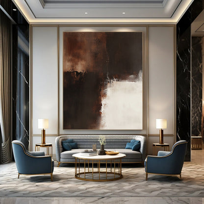 Big contemporary hand-painted abstract artwork featuring a brown and white palette on a beige background with dark bronze details expressing emotional depth and vintage texture. DLZ0566