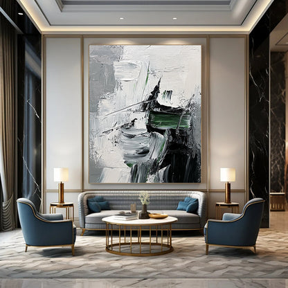 Contemporary abstract painting showcasing impasto textures with green strokes on a monochrome grey and black backdrop featuring a hint of fur detail. DLZ0748