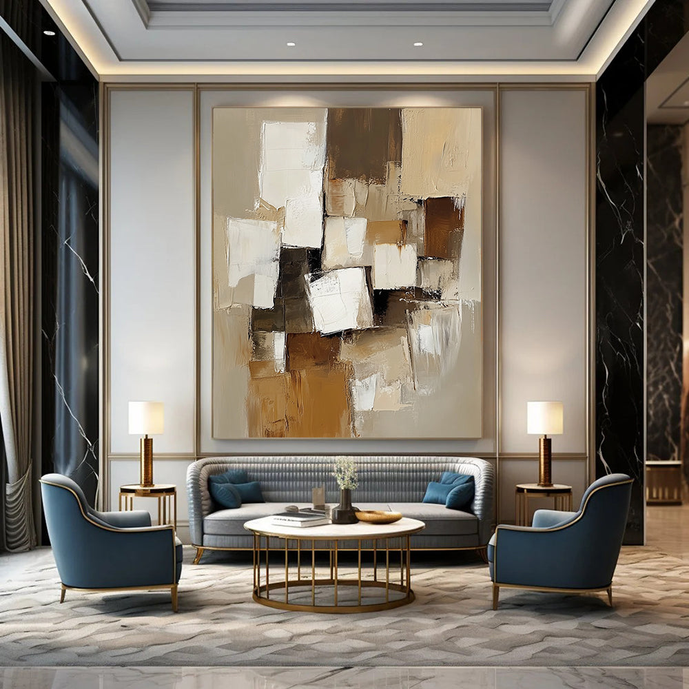 Large contemporary hand-painted abstract artwork featuring beige and white blocks with thick brush strokes in muted earthy tones for a calming and elegant ambiance DLZ0975